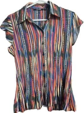 Essentials by Milano Pleated Accordion Stripe Button Front Blouse Women’s Medium